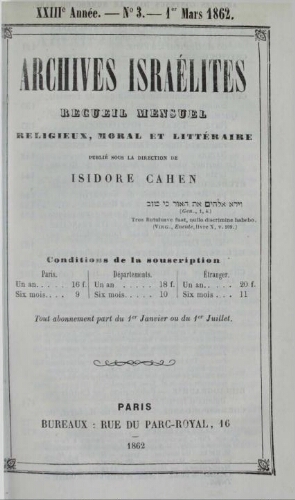 Archives israélites de France. Vol.23 N°03 (mars 1862)